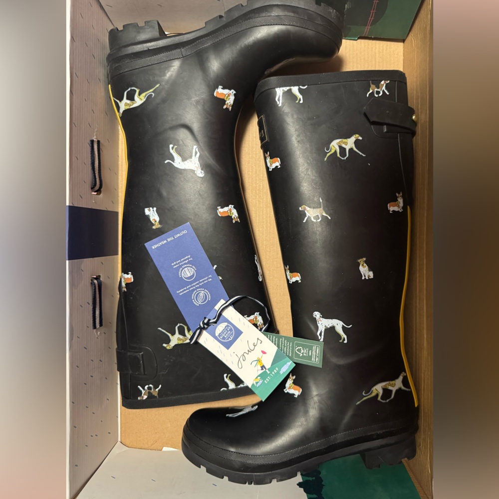 JOULES Molly Welly Pull-On Tall Rain Boots Black Dog Print Women’s Size US 6 NIB